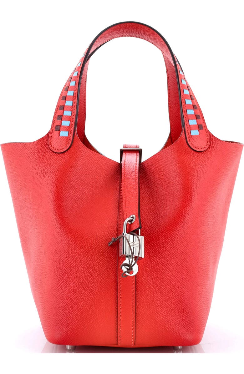 Pre-Owned Hermes Picotin Lock Bag Tressage Epsom PM, Main, color, Capucine/Bleu Du Nord/Rouge H