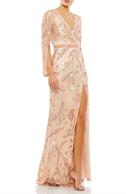 Sequined Faux Wrap Split Long Sleeve Gown
