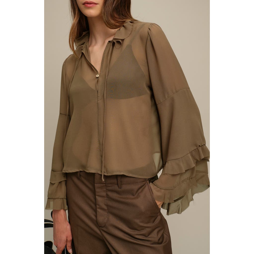 Deluc Bradley Ruffle-cuff Blouse In Sheer Olive In Green
