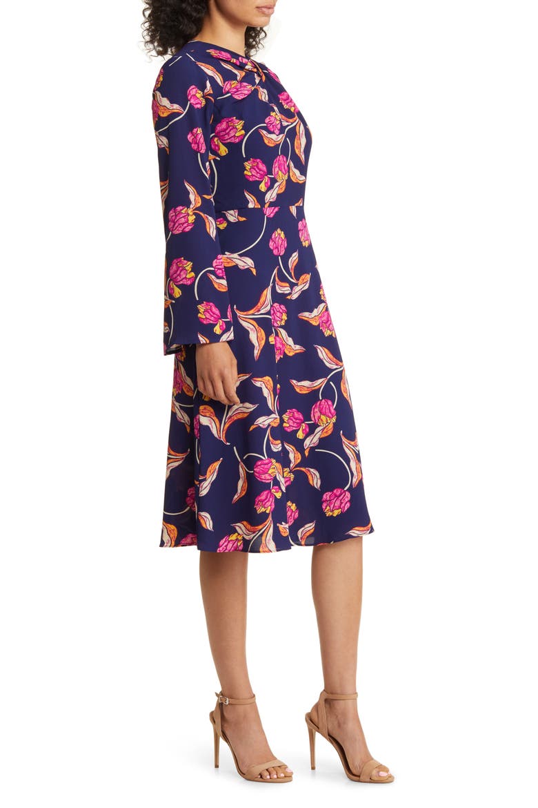 Floral Twist Neck Long Sleeve Midi Dress, Alternate, color, NAVY/ WINE