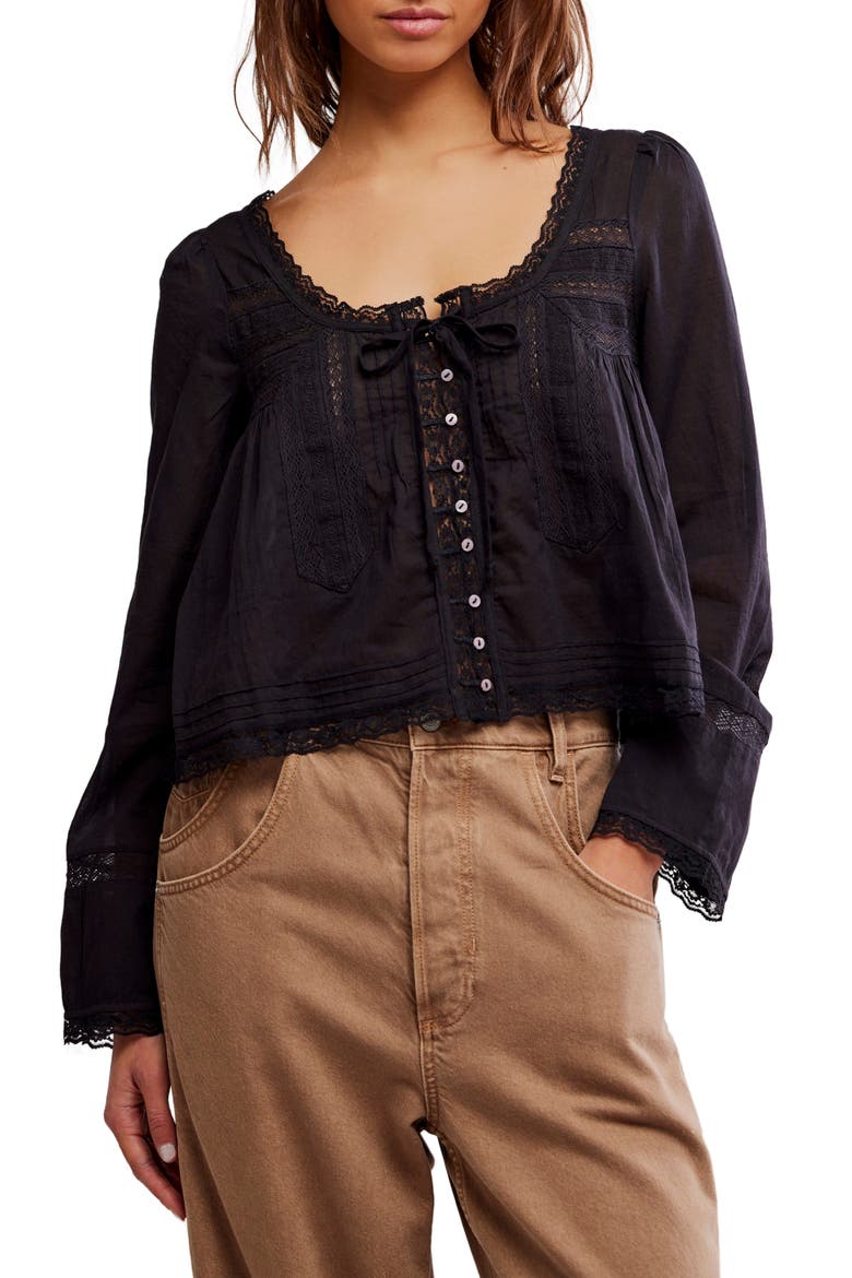 Evermore Lace Inset Semisheer Cotton Top, Main, color, BLACK