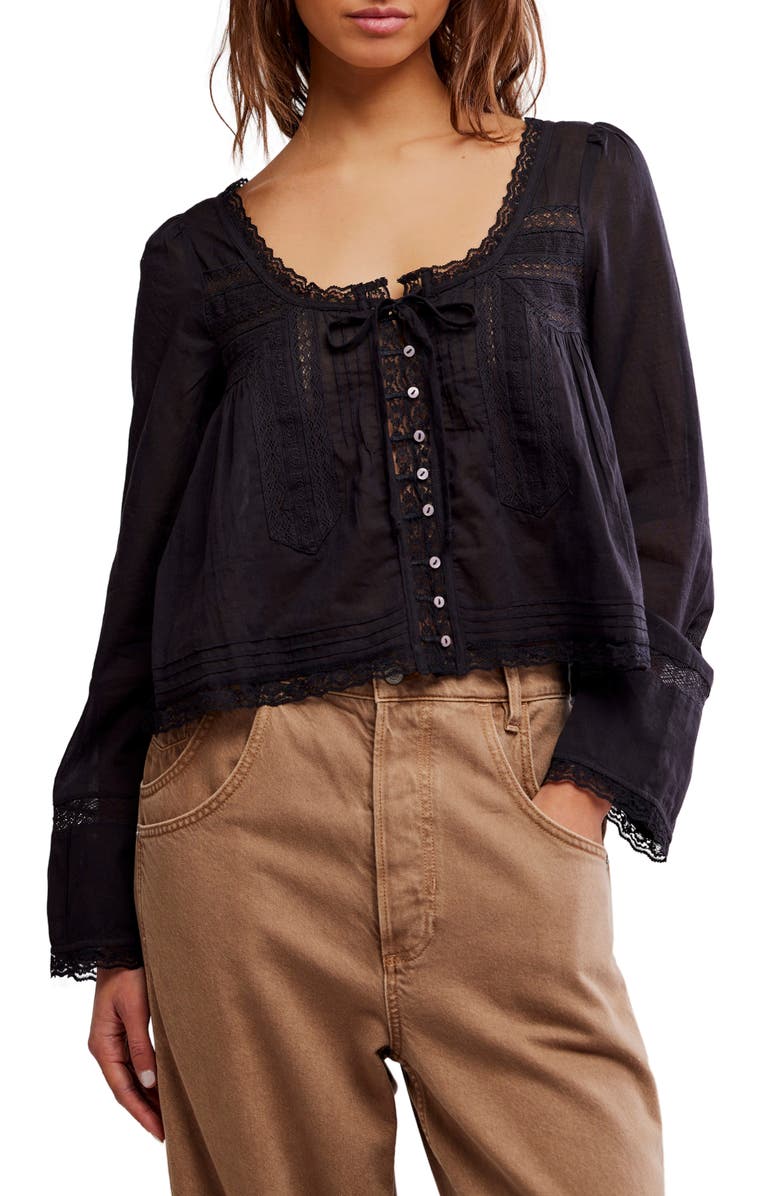 Free People Evermore Lace Inset Semisheer Cotton Top, Main, color, Black