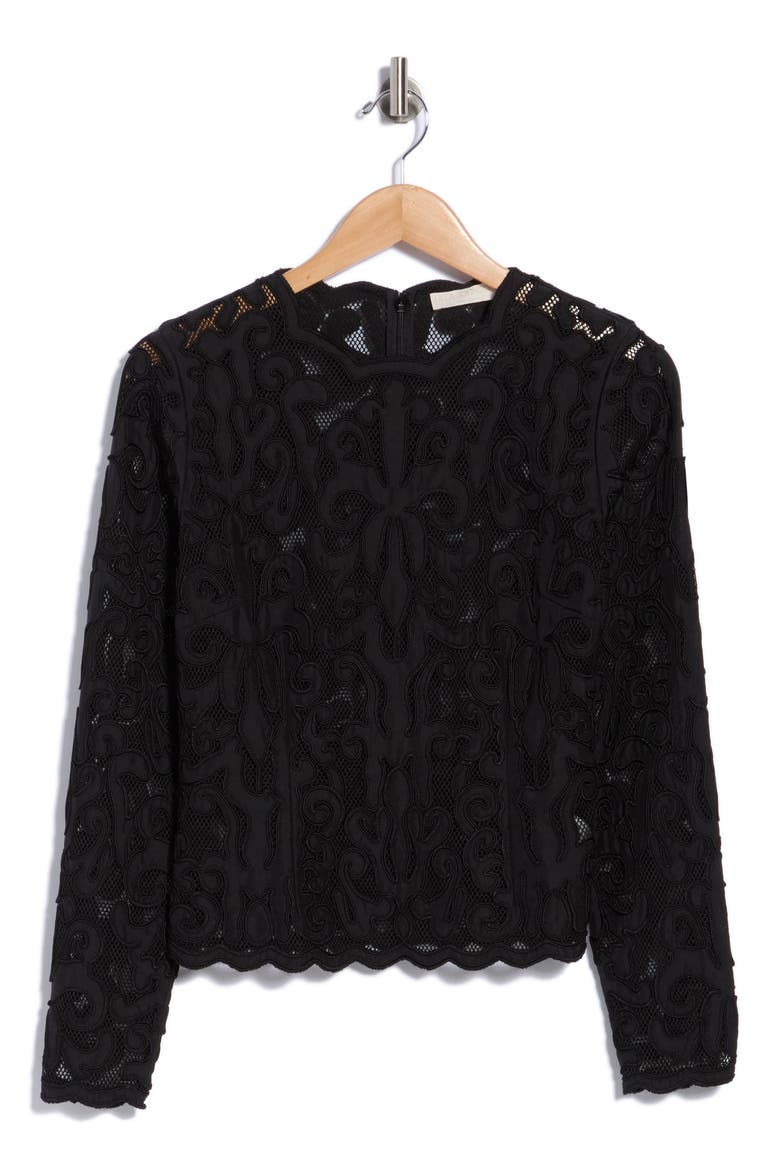 Ursa Appliqué Silk Long Sleeve Top, Main, color, NOIR