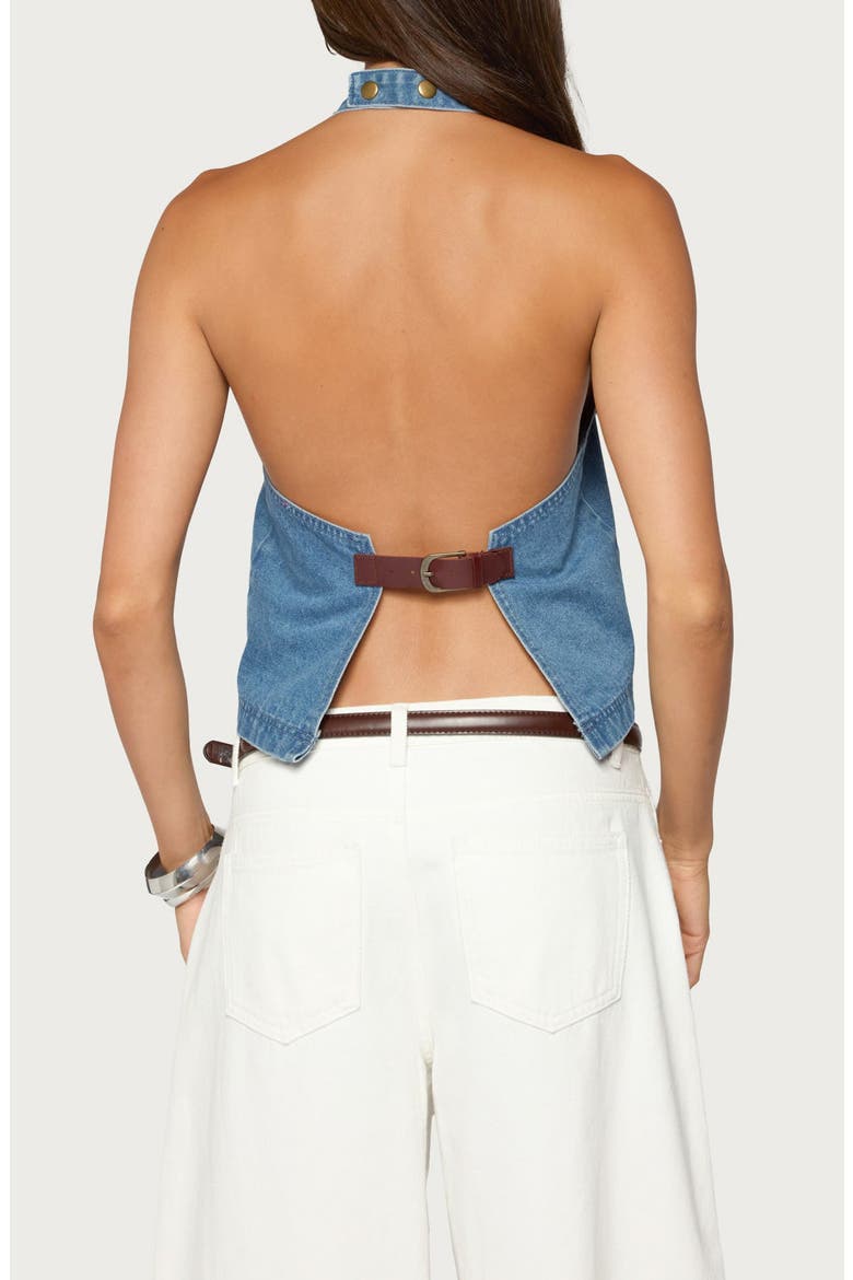 Teddie Backless Denim Halter Top, Alternate, color, BLUE-WASHED