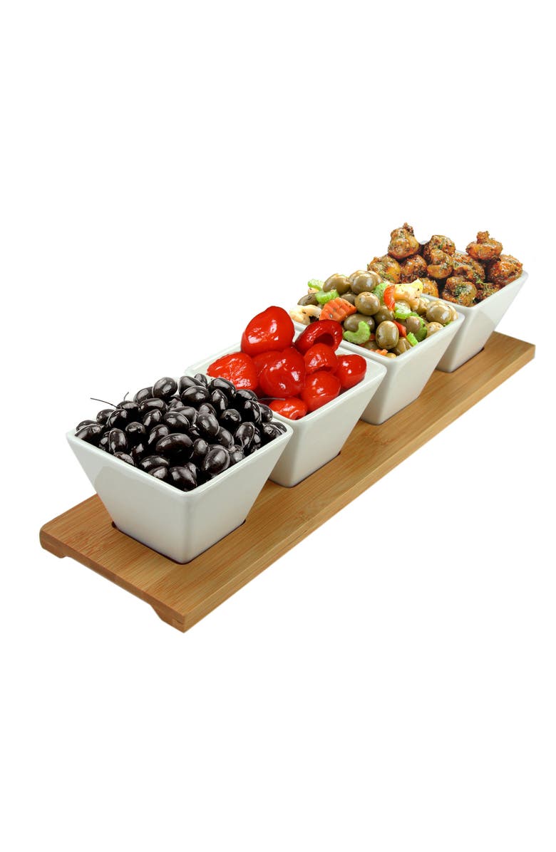 Elama Signature Modern 5pc Appetizer and Condiment Server with 4 Serving Dishes and a Wood Serving Black, Alternate, color, White