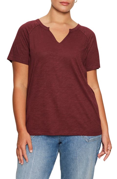 Notch V-Neck Cotton Blend T-Shirt (Plus)