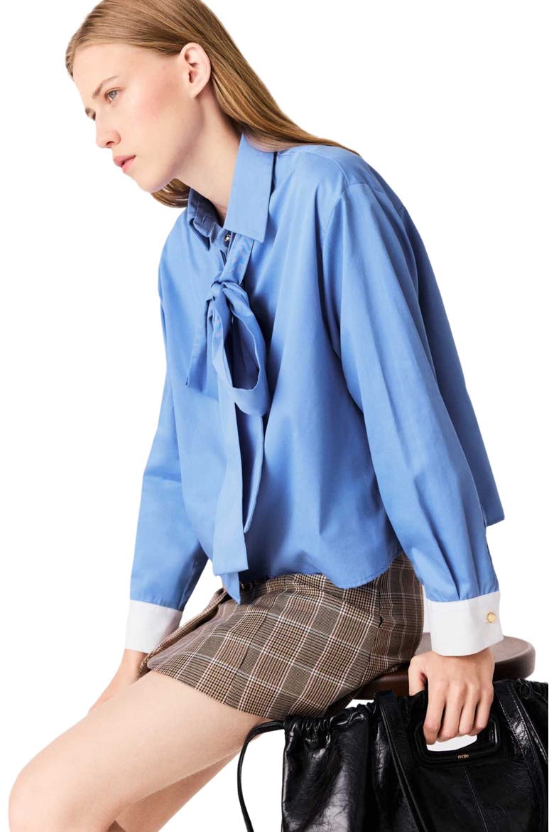 Cotton pussy bow shirt, Alternate, color, Blue