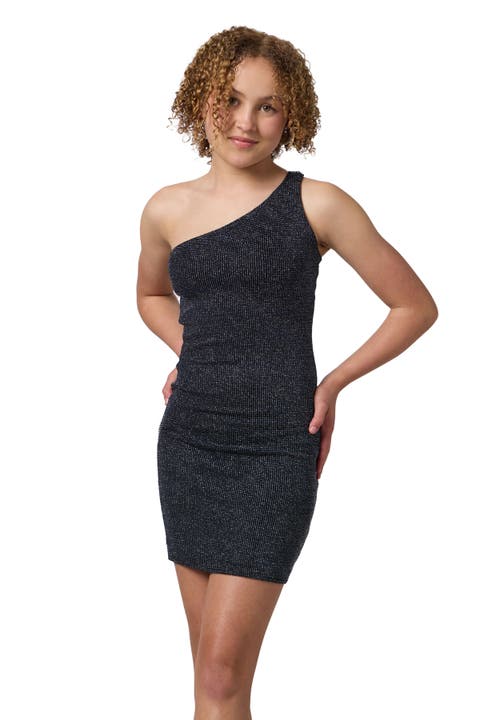 One Shoulder Mini Glitter Dress (Big Kid)