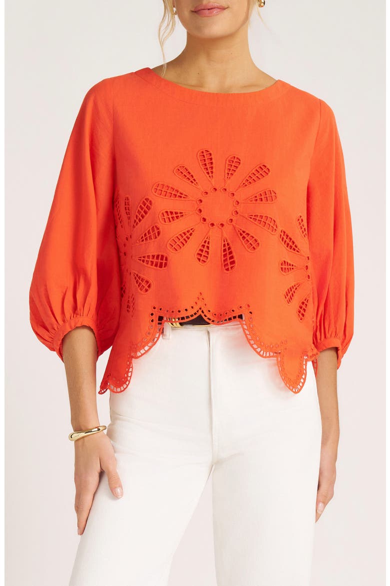Indie Eyelet Bubble Sleeve Top, Main, color, TOMATO