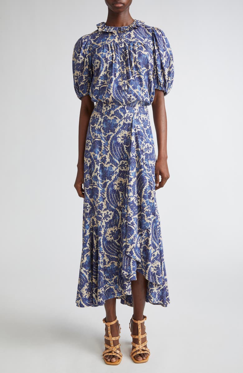 Ulla Johnson Amari Floral Cotton Button-Up Shirt, Alternate, color, Ocean