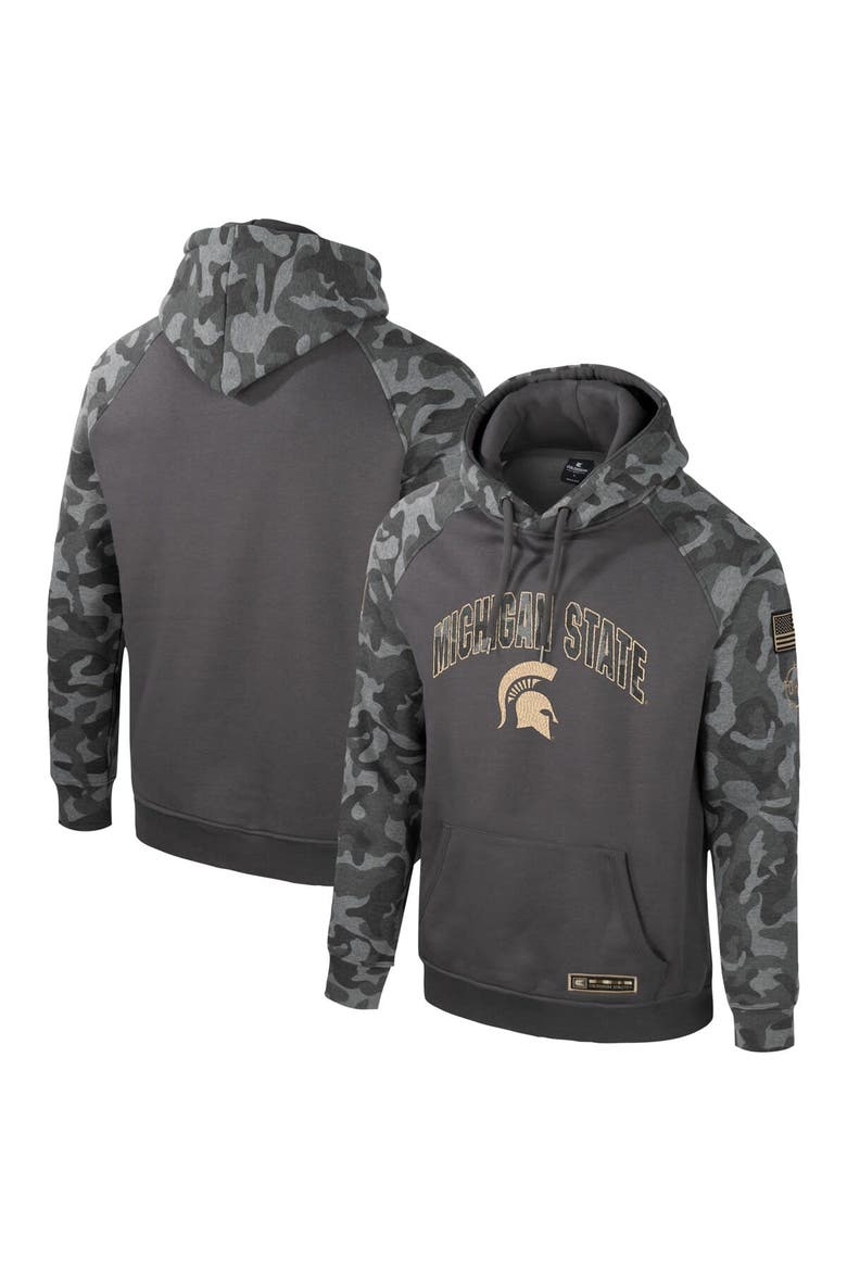 Men's Colosseum Charcoal Michigan State Spartans OHT Military Appreciation Camo Raglan Pullover Hoodie, Main, color, Charcoal