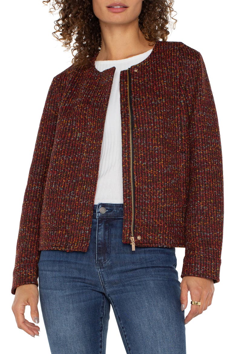 Collarless Bouclé Knit Jacket, Main, color, BORDEAUX MULTI