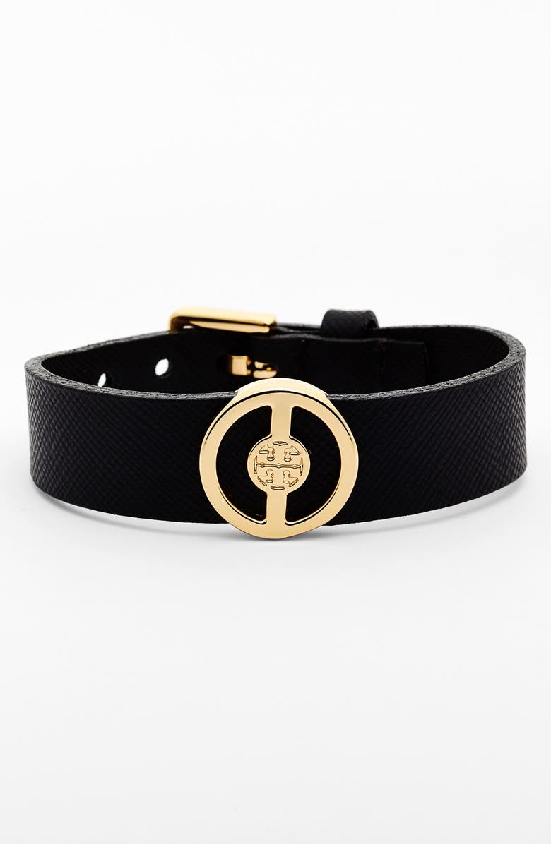Tory Burch 'Deco' Logo Leather Buckle Bracelet, Main, color, 