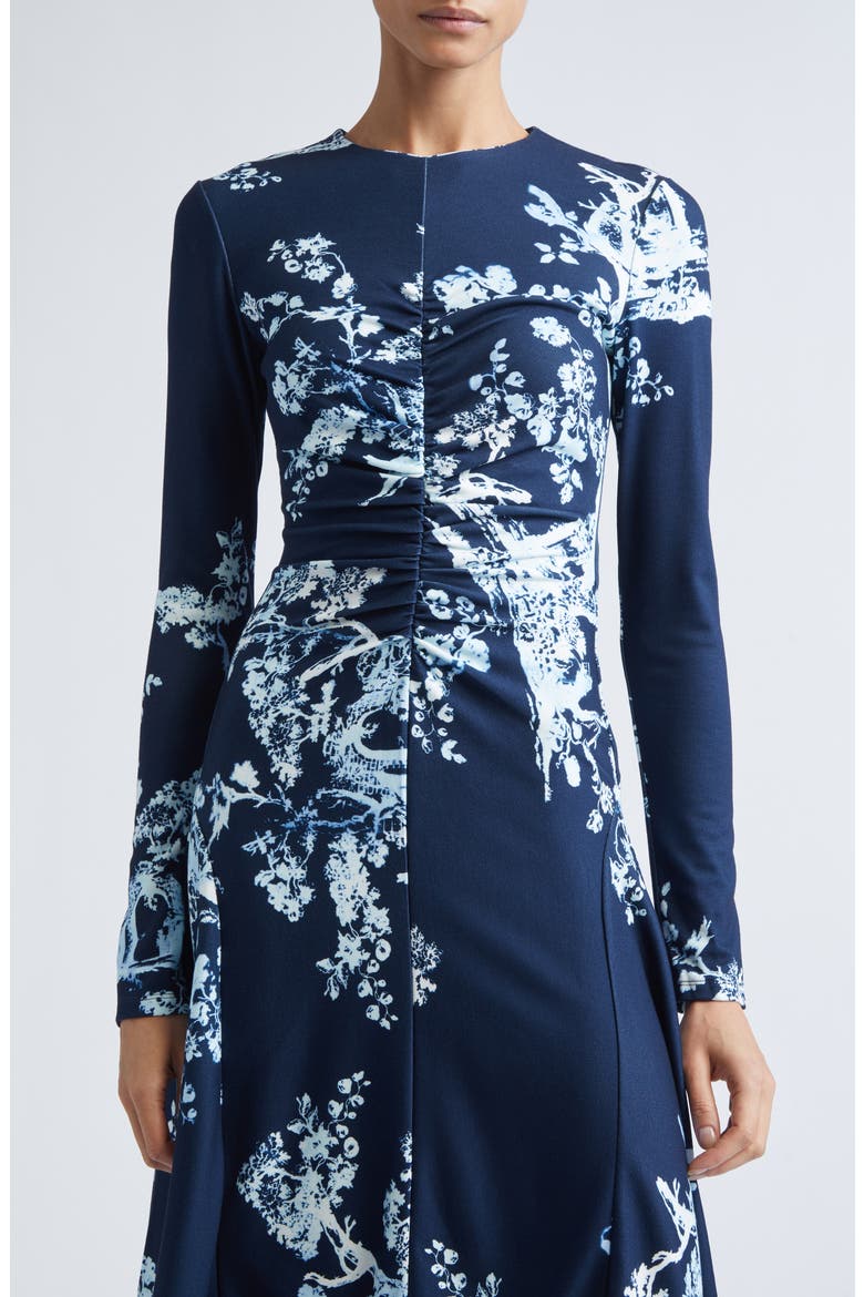 Print Long Sleeve Gathered Ponte Jersey Midi Dress, Alternate, color, CYANOTYPE ETCHING NAVY