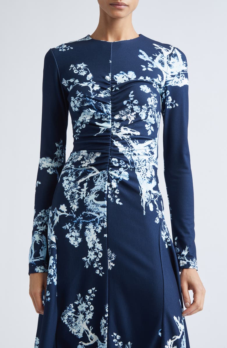 Erdem Print Long Sleeve Gathered Ponte Jersey Midi Dress, Alternate, color, Cyanotype Etching Navy