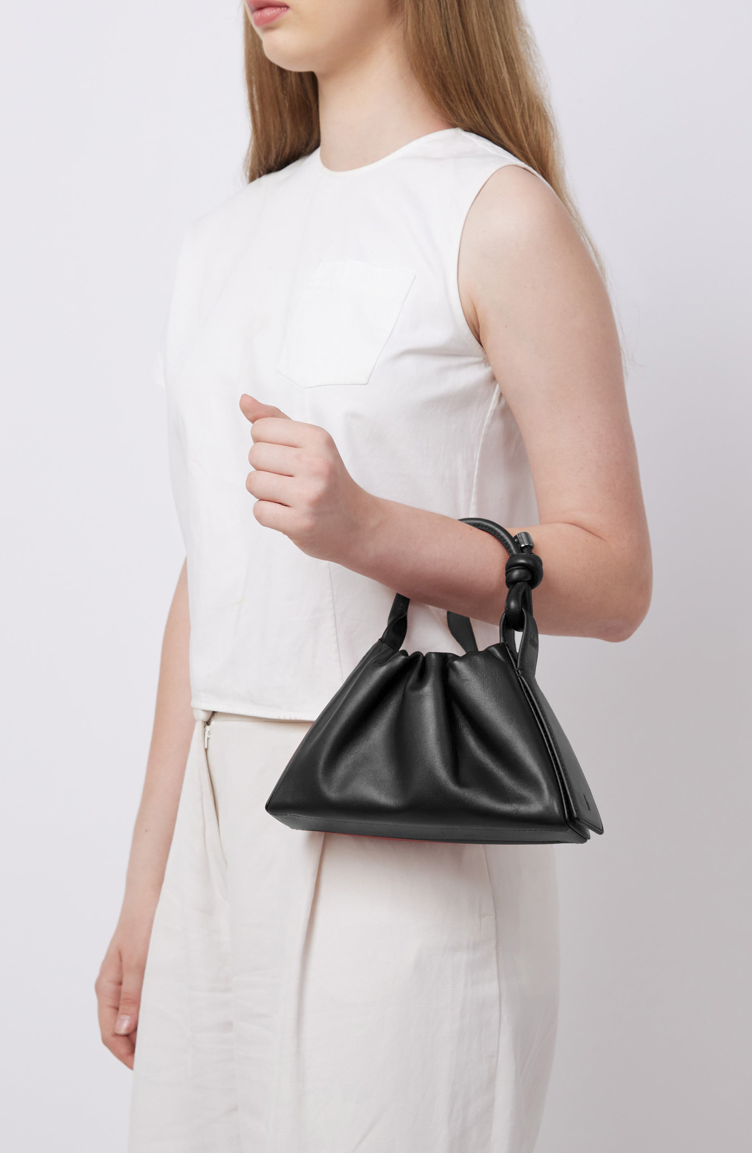 behno Mini Tina Ruched Metallic Leather Baguette Top Handle Bag, Alternate, color, Black