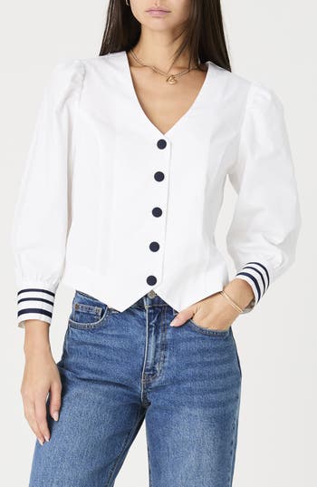 French Connection V-neck Stripe Cuffs Long Sleeve Button-up Top