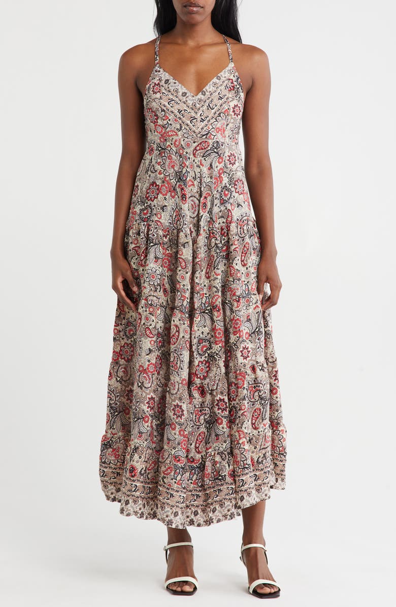 La Fiorentina Irene Paisley Floral Tiered Maxi Dress, Main, color, Ivory/ Pink