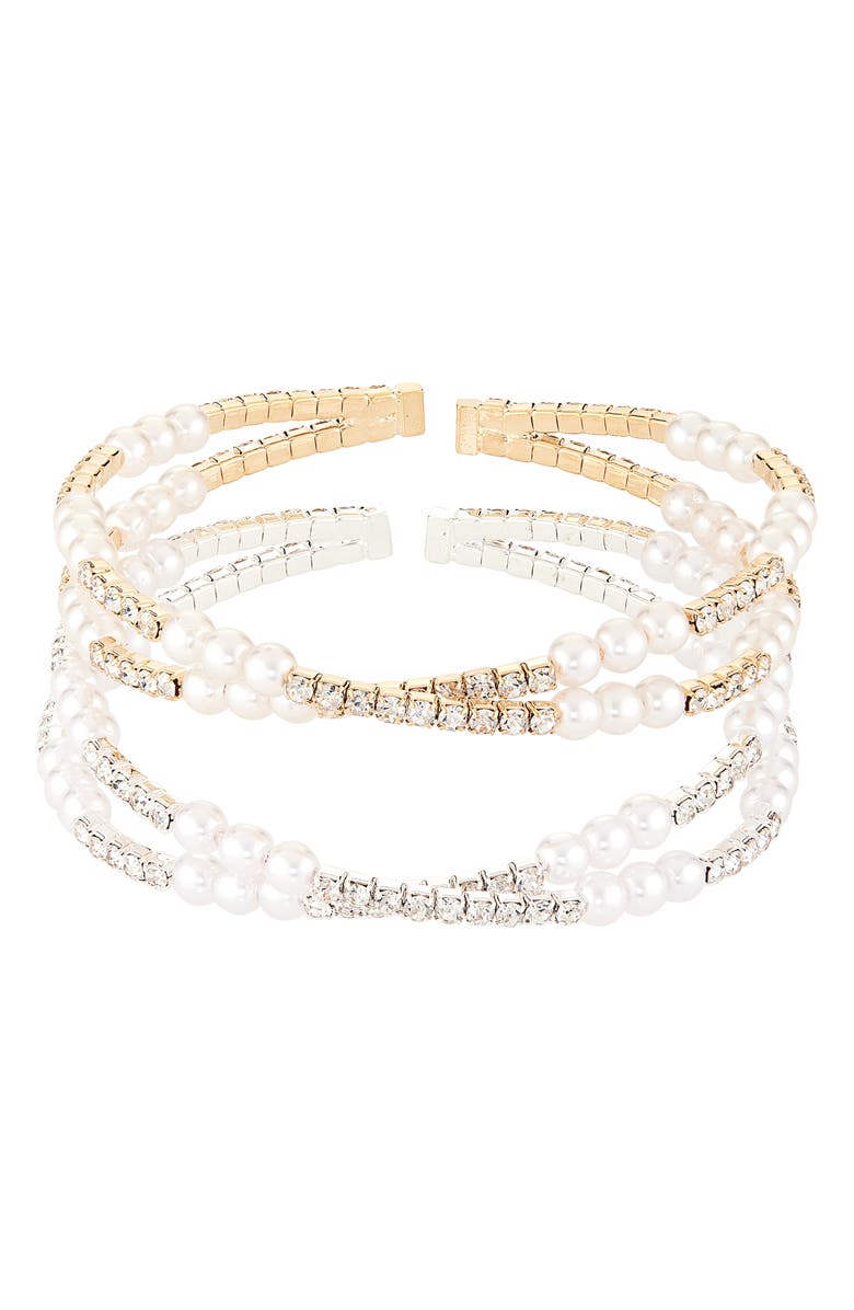 Tasha 2-Pack Assorted Faux Pearl Crisscross Bracelets, Main, color, Gold/Silver