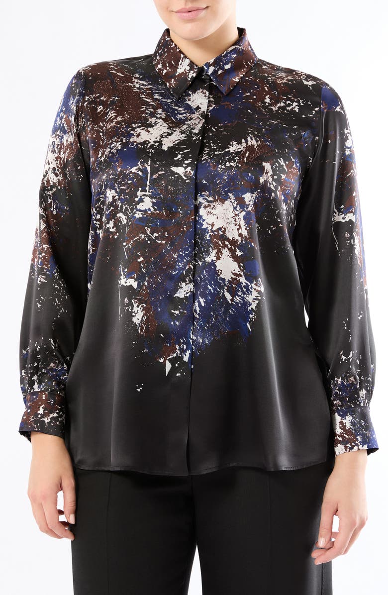 Marina Rinaldi Print Silk Shirt, Main, color, Black