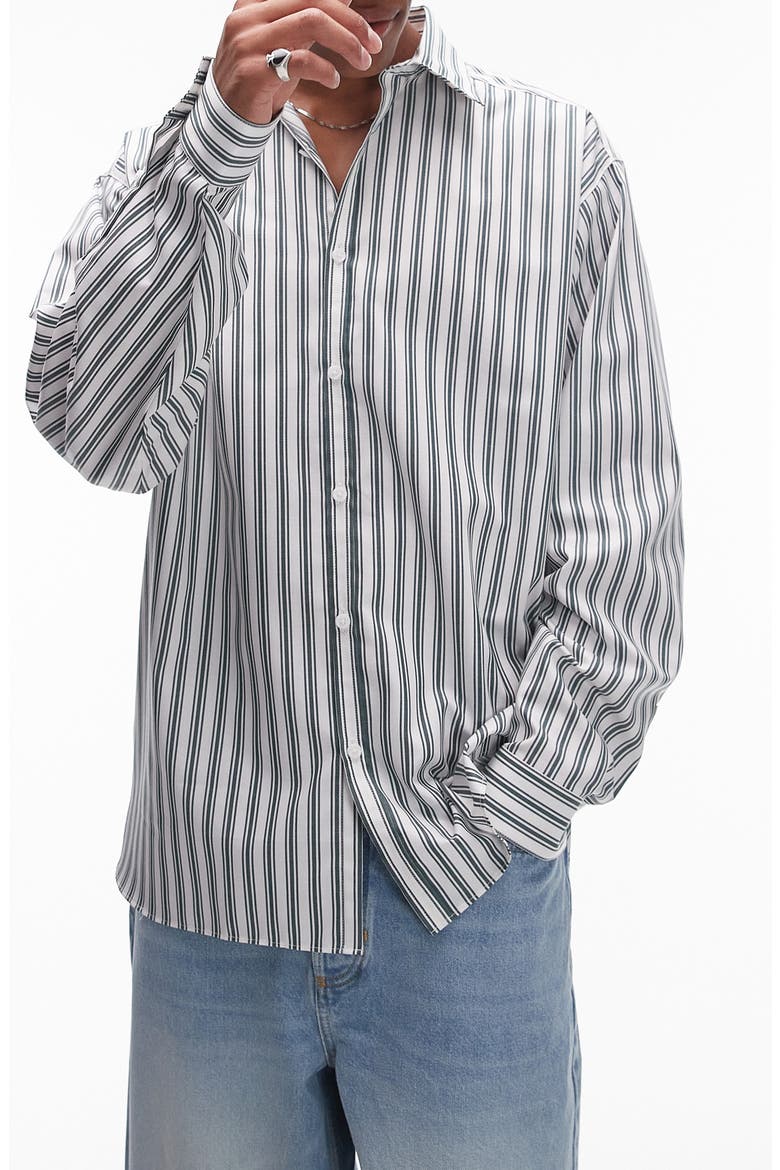 Oversize Stripe Cotton Herringbone Button-Up Shirt, Main, color, WHITE/GREEN STRIPE