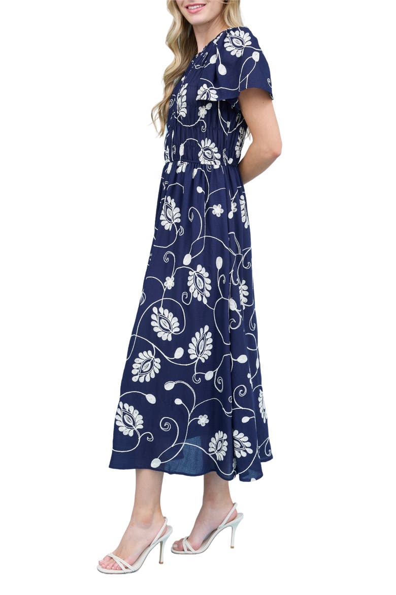 Embroidered Smocked Short Sleeve Maxi Dress, Alternate, color, NAVY