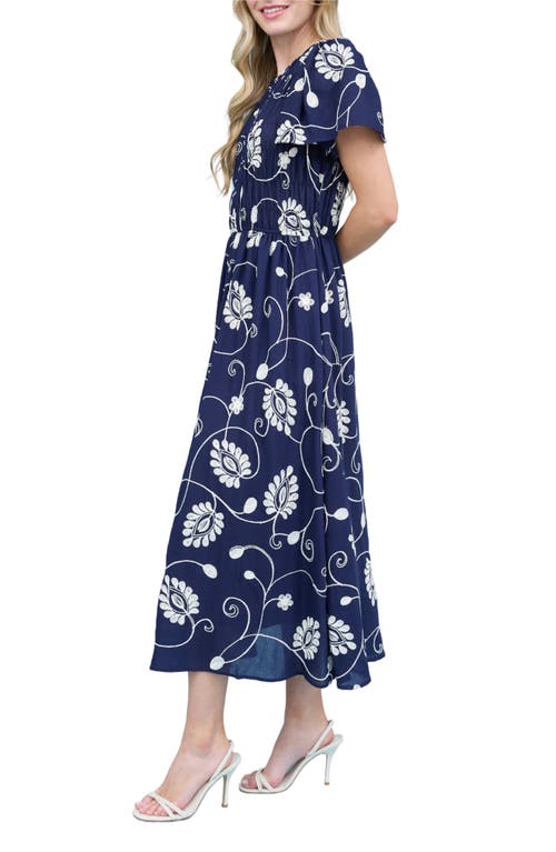 August Sky Embroidered Smocked Short Sleeve Maxi Dress In Navy
