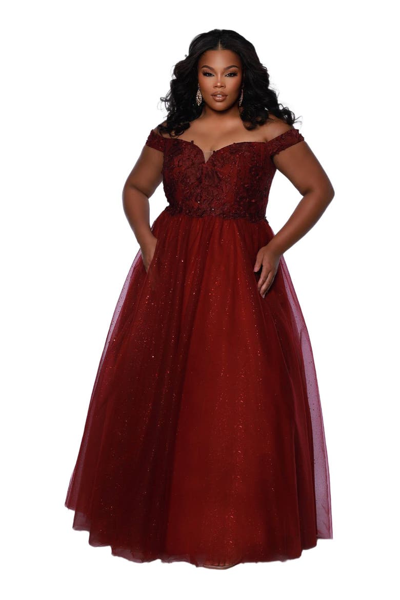 Off the Shoulder V-Neckline Plus Size Ballgown, Alternate, color, Burgundy