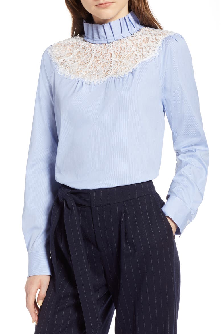 Lace Yoke Poplin Pinstripe Blouse, Main, color, WHITE- BLUE MICRO STRIPE