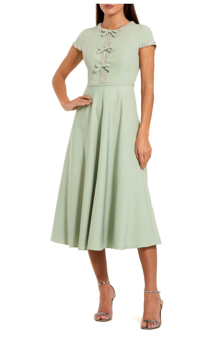 Mac Duggal Crepe Midi Dress With Rhinestone Beading, Main, color, Sage