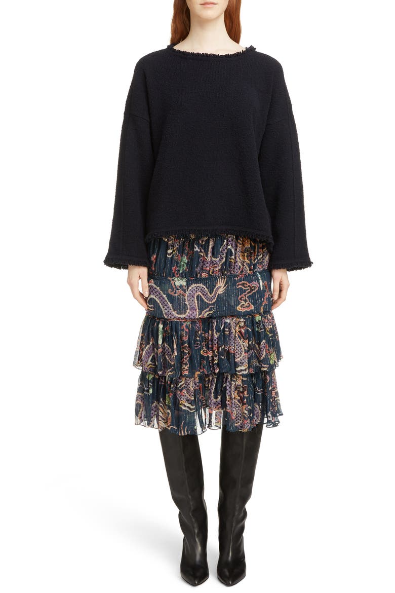 Zuki Tiered Dragon Print Silk Blend Skirt, Alternate, color, MIDNIGHT