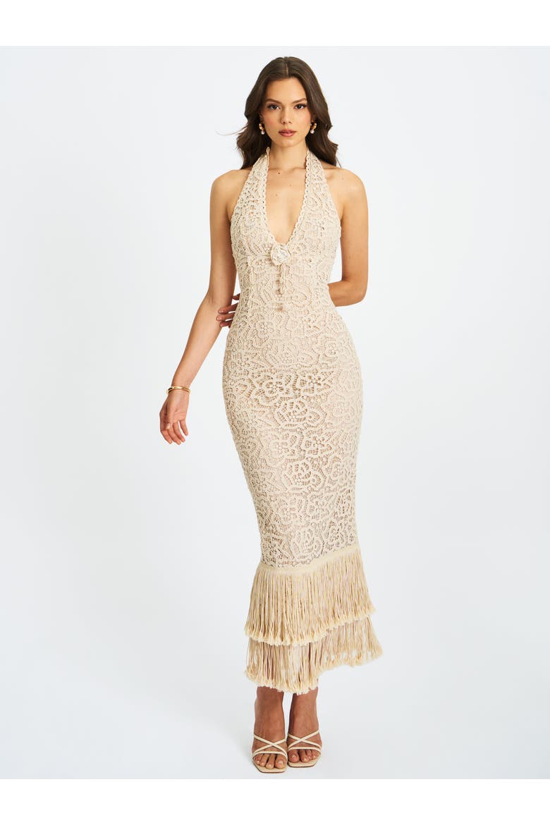 Faelyn Double Fringe Crochet Halter Maxi Dress, Alternate, color, Off-white