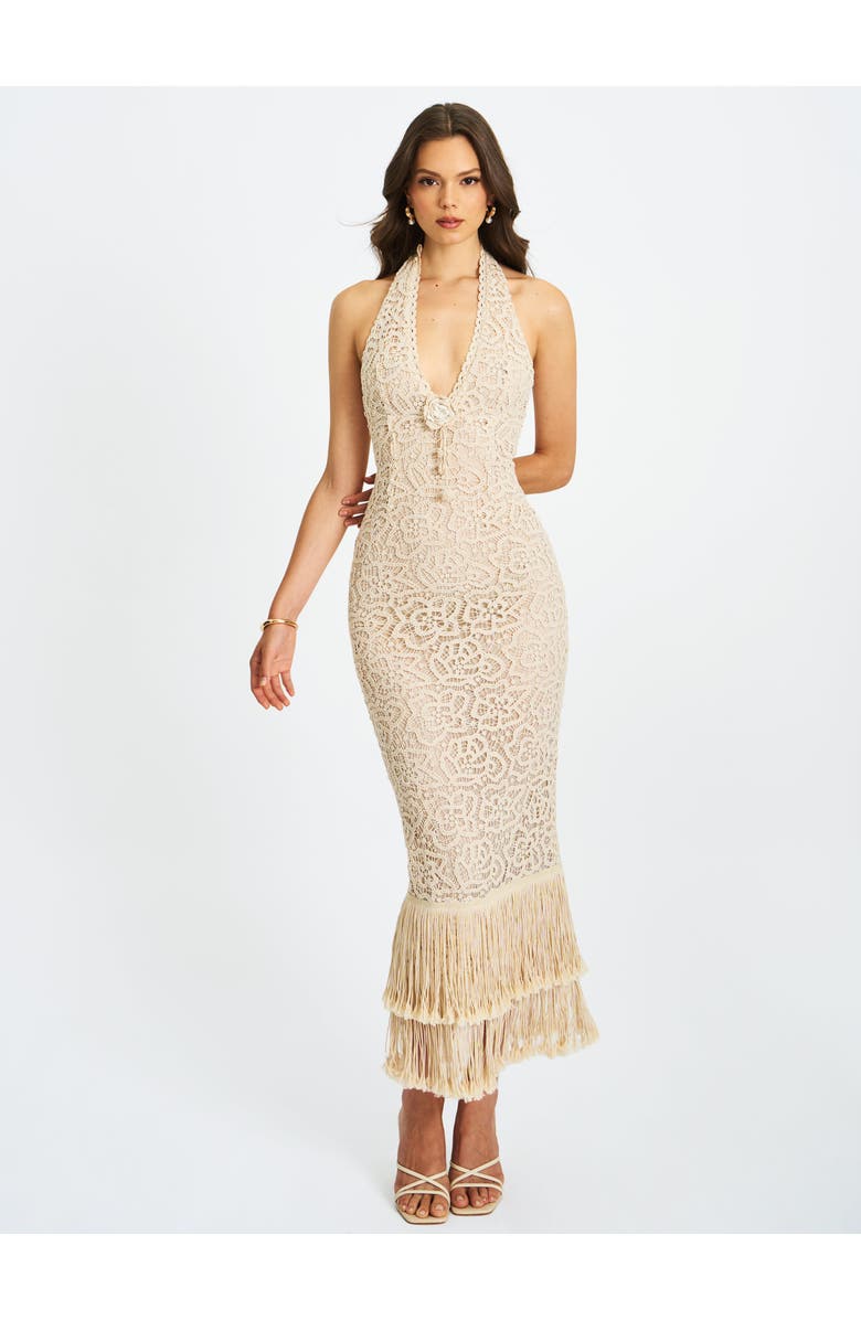 Miss Circle Faelyn Double Fringe Crochet Halter Maxi Dress, Alternate, color, Off-White