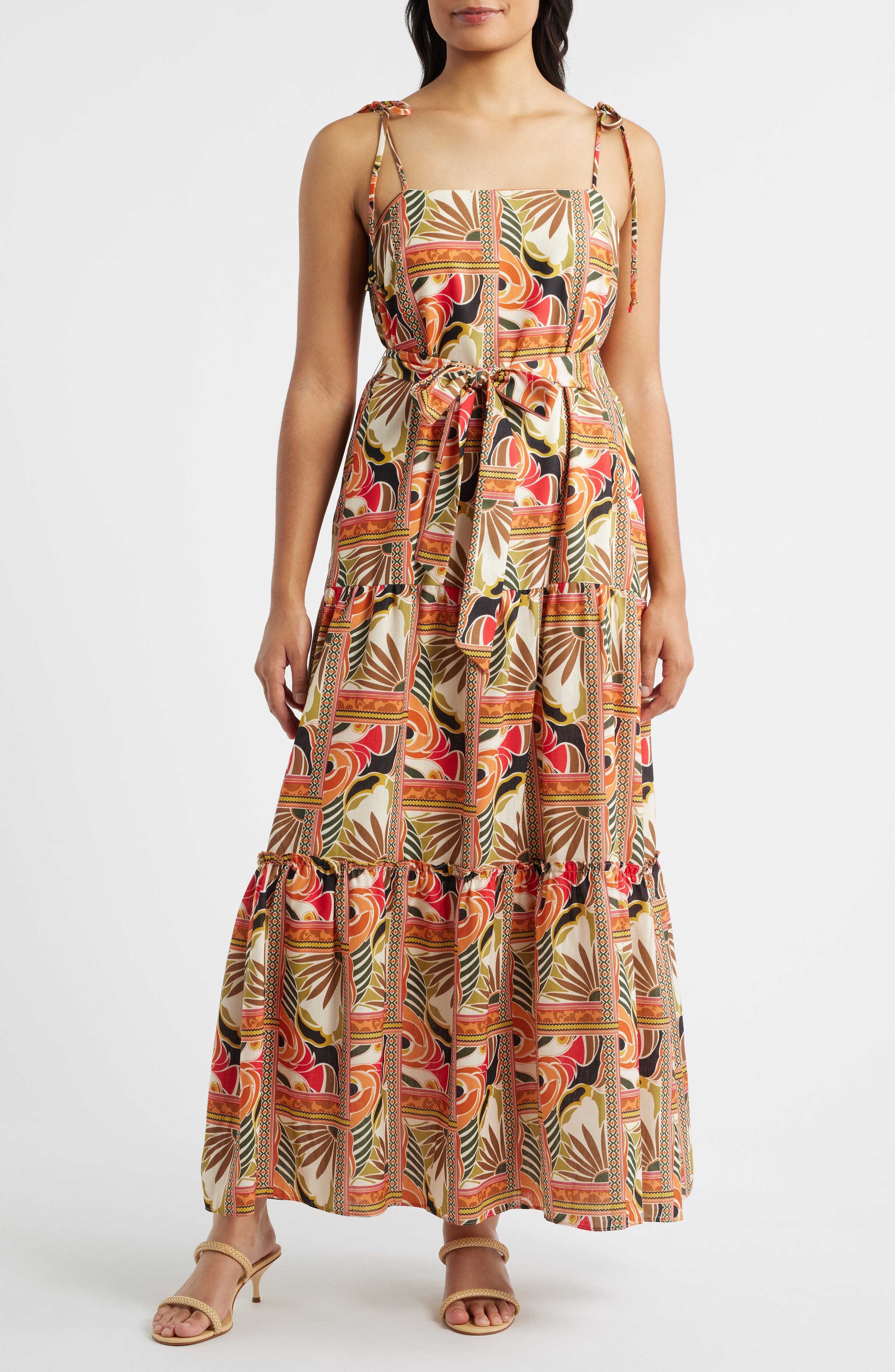 Julia Jordan Printed Tie Belt Maxi Sundress