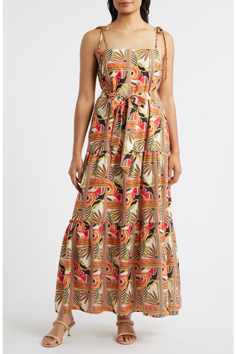 Printed Tie Belt Maxi Sundress, Main, color, ORANGE MULTI