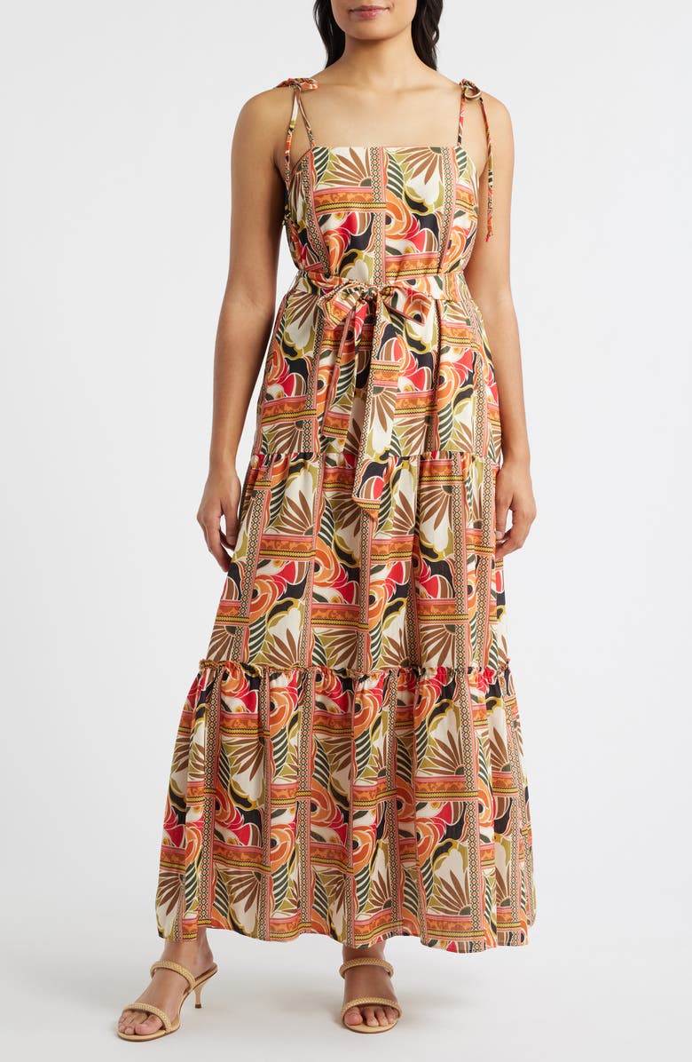 Julia Jordan Printed Tie Belt Maxi Sundress, Main, color, Orange Multi
