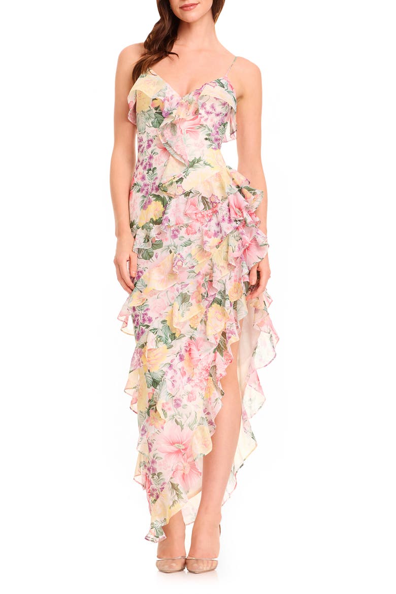 Josefina Metallic Floral Ruffle Detail Gown, Main, color, IVORY MULTI