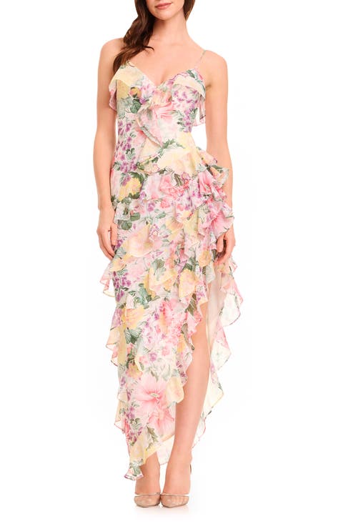 Josefina Metallic Floral Ruffle Detail Gown