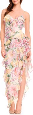 Dress the Population Josefina Metallic Floral Ruffle Detail Gown