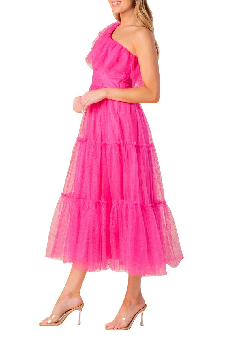 One-Shoulder Tulle Midi Dress, Alternate, color, FUCHSIA