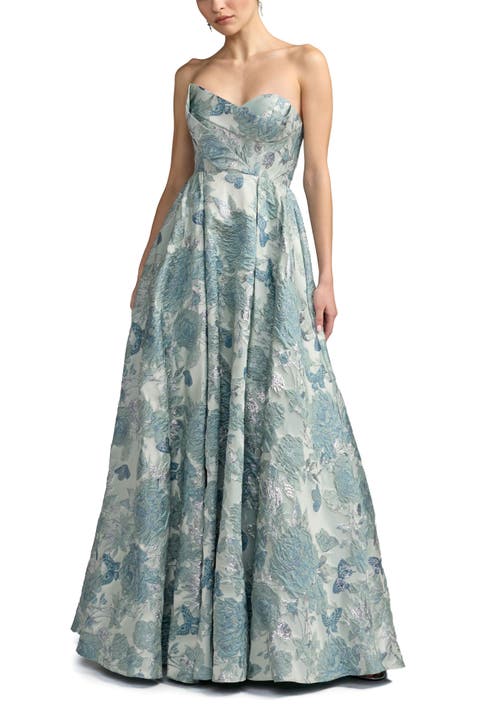 Floral Brocade Strapless Ballgown With Bow