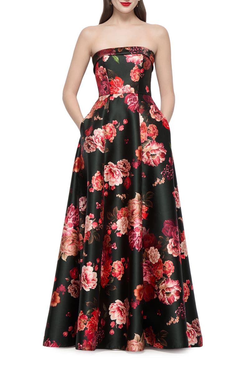 Sara Floral Strapless Satin Twill Gown, Main, color, WINE BLACK MULTI