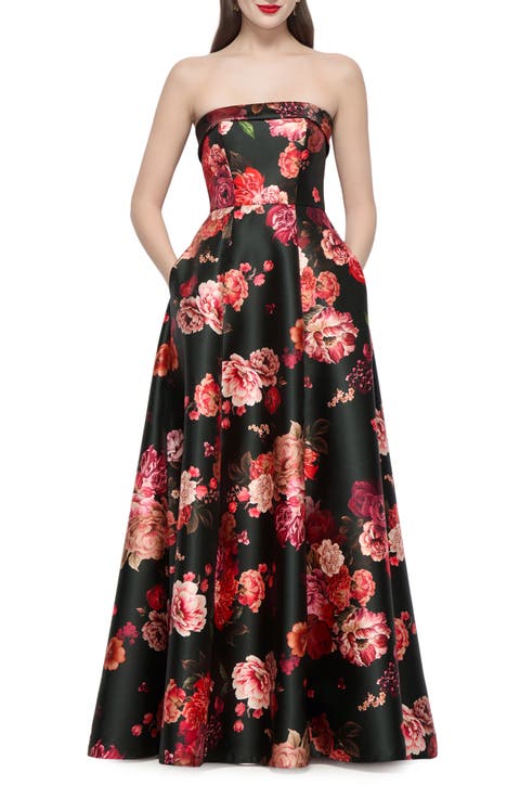 Sara Floral Strapless Satin Twill Gown