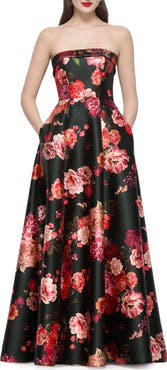 Alfred Sung Sara Floral Strapless Satin Twill Gown