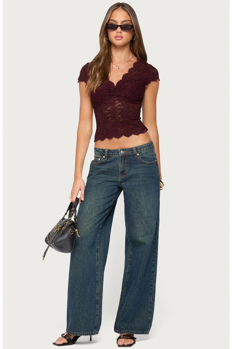 Elza Scalloped Sheer Lace Top, Alternate, color, BURGUNDY