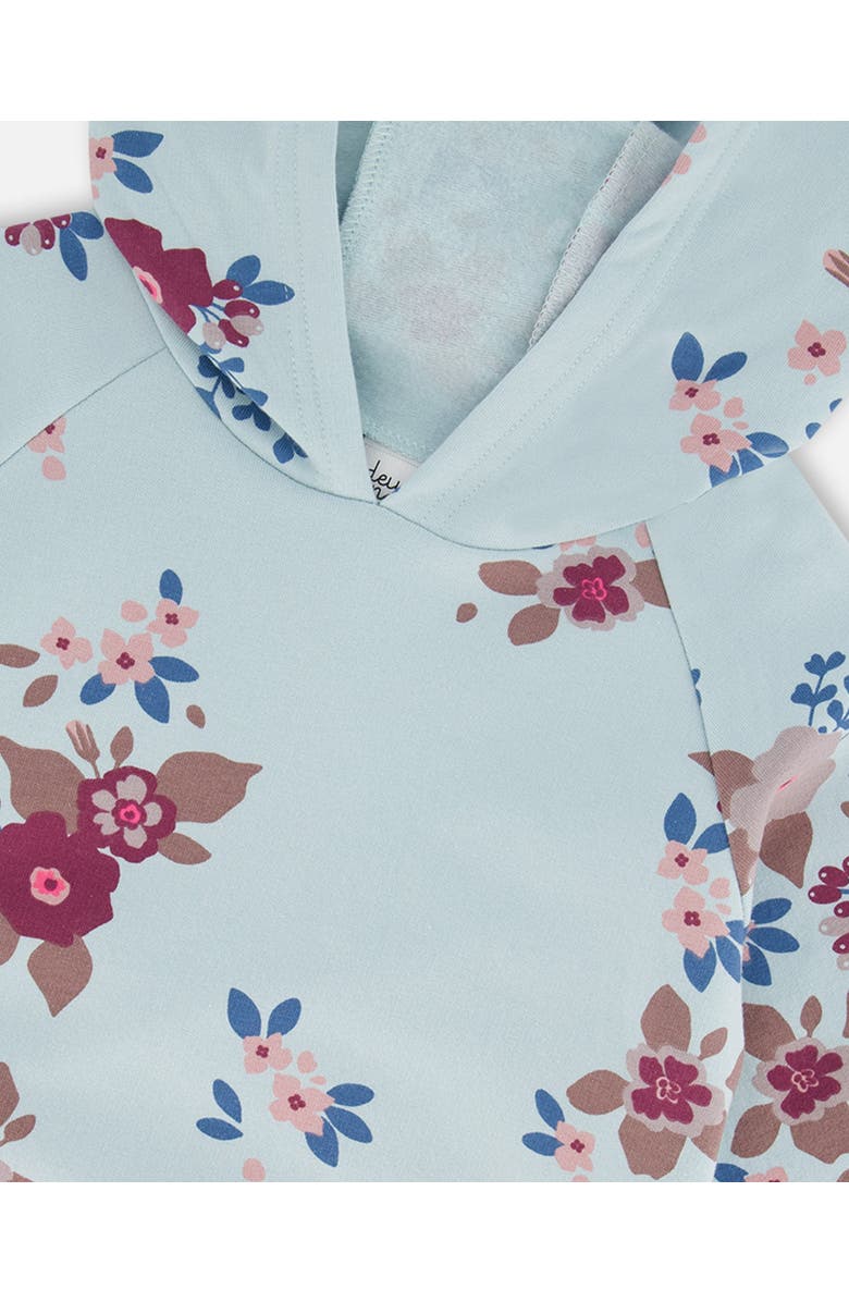 Deux par Deux Girl's Fleece Hoodie Light Blue Printed Big Flowers, Alternate, color,