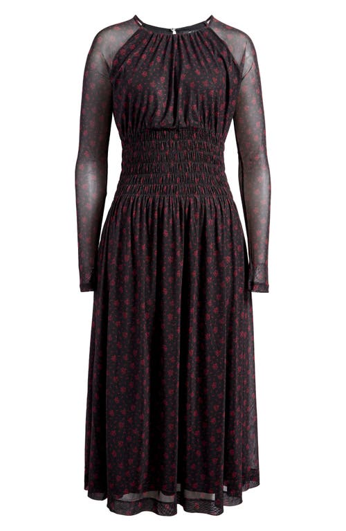 Shop Madewell Floral Long Sleeve Smocked Midi Dress In Bright Cherry