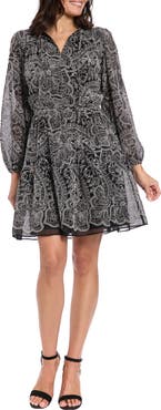 London Times Split Neck Long Sleeve Dress