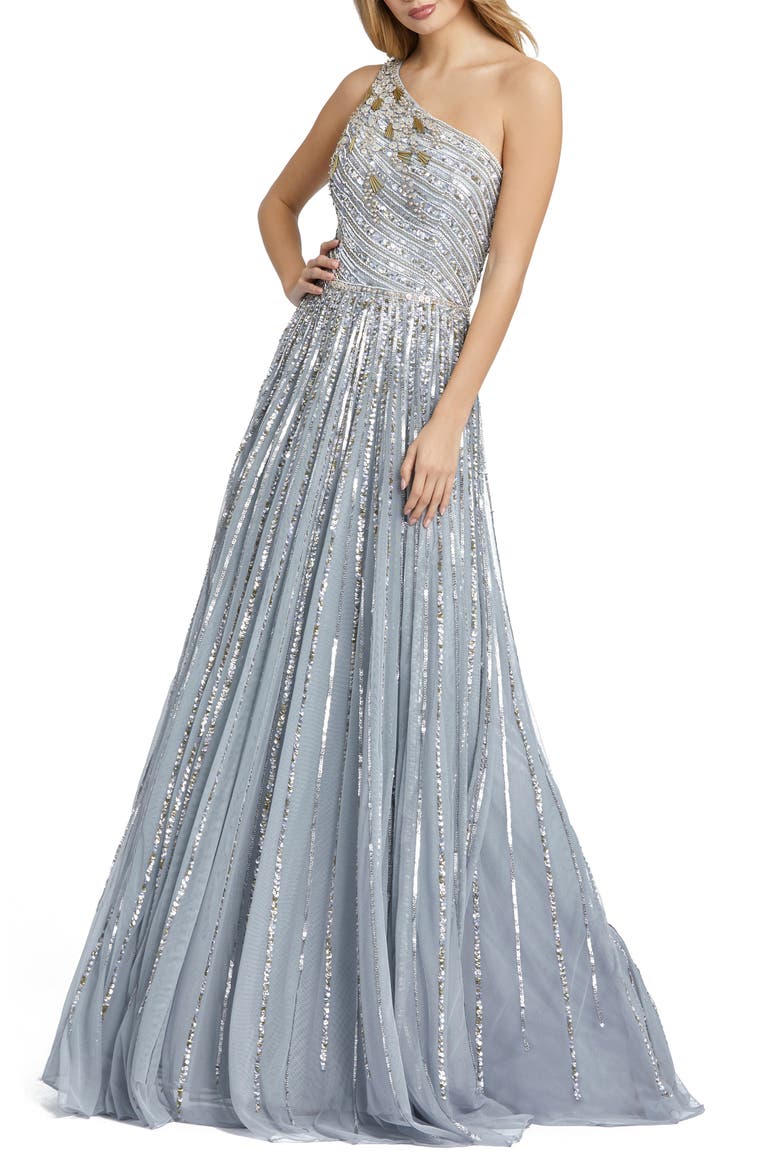 Embellished One-Shoulder A-Line Gown, Main, color, PLATINUM