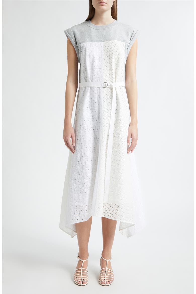 Mixed Media Midi Dress, Main, color, LIGHT GREY MELANGE-WHITE